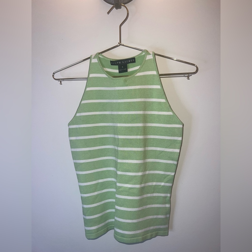 Ralph Lauren Green and White Striped Ribbed Tank Top